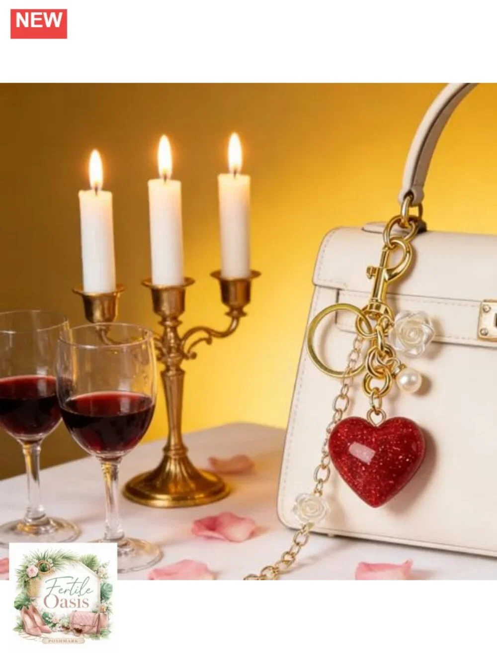 Heart Keychain for Women, Bag Charm with Pearls & Roses, Metal Key Ring